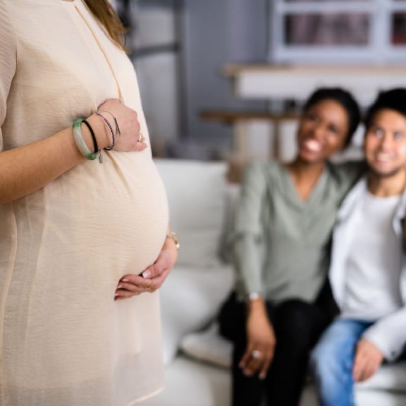Pregnant Woman Touching Her Belly's Woman Standing In Front Of Smiling Young Couple Sitting
